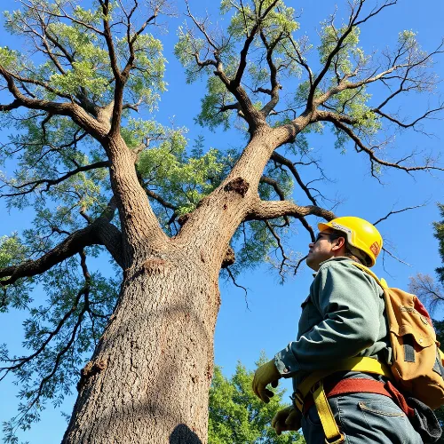 Expert arborist inspecting a large tree for safety, illustrating proactive risk prevention.